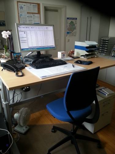 ein Beispiel für ergonomische Arbeitsplätze: Höhenverstellbarer Schreibtisch mit Monitorerhöhung und 22&amp;quot; Bildschirm